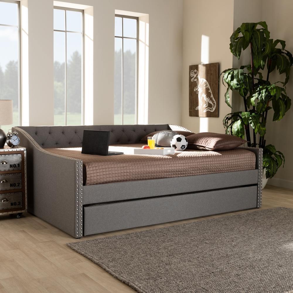 Haylie Modern and Contemporary Light Grey Fabric Upholstered Full Size Daybed with Roll-Out Trundle Bed FredCo