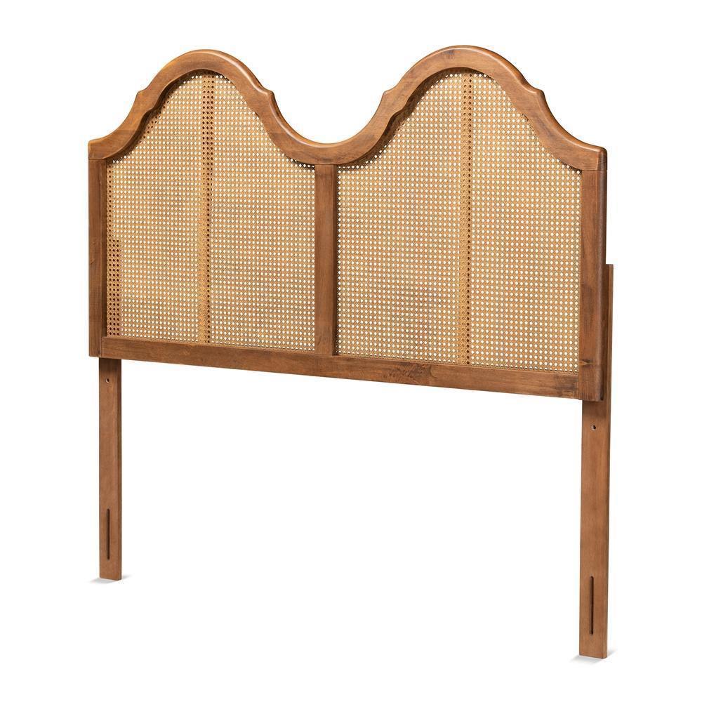Hazel Vintage Classic and Traditional Ash Walnut Finished Wood and Synthetic Rattan Queen Size Arched Headboard FredCo