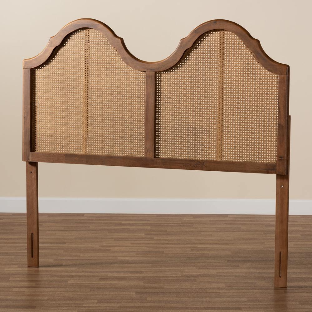 Hazel Vintage Classic and Traditional Ash Walnut Finished Wood and Synthetic Rattan Queen Size Arched Headboard FredCo