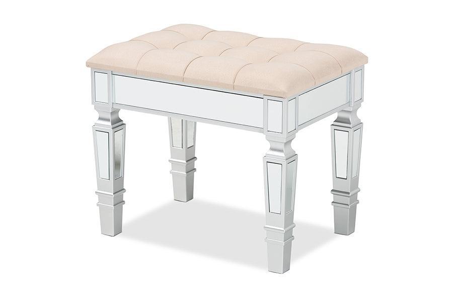 Hedia Contemporary Glam and Luxe Beige Fabric Upholstered and Silver Finished Wood Ottoman FredCo