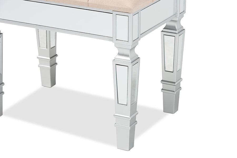 Hedia Contemporary Glam and Luxe Beige Fabric Upholstered and Silver Finished Wood Ottoman FredCo