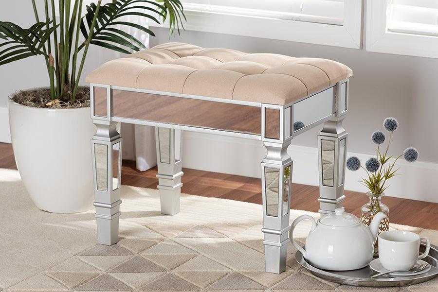 Hedia Contemporary Glam and Luxe Beige Fabric Upholstered and Silver Finished Wood Ottoman FredCo