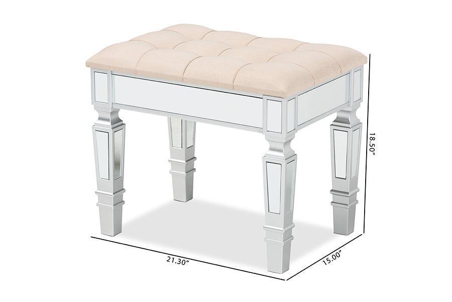 Hedia Contemporary Glam and Luxe Beige Fabric Upholstered and Silver Finished Wood Ottoman FredCo