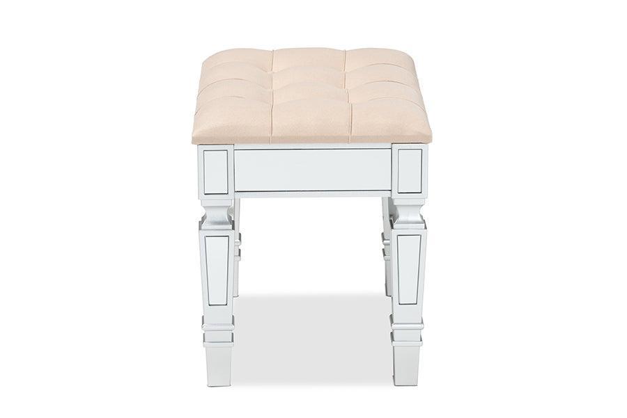 Hedia Contemporary Glam and Luxe Beige Fabric Upholstered and Silver Finished Wood Ottoman FredCo