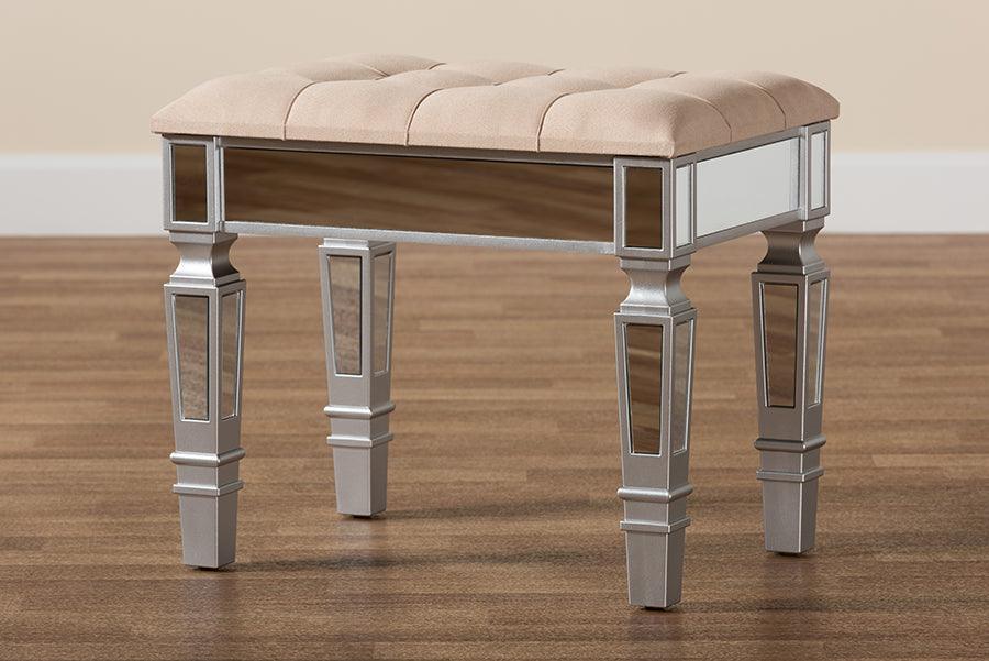 Hedia Contemporary Glam and Luxe Beige Fabric Upholstered and Silver Finished Wood Ottoman FredCo