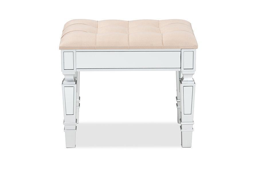 Hedia Contemporary Glam and Luxe Beige Fabric Upholstered and Silver Finished Wood Ottoman FredCo