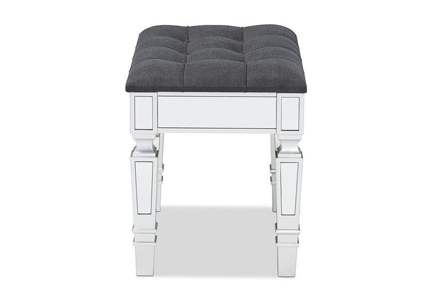 Hedia Contemporary Glam and Luxe Grey Fabric Upholstered and Silver Finished Wood Ottoman FredCo