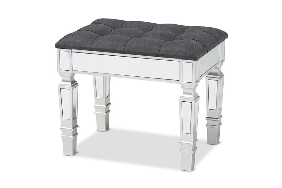 Hedia Contemporary Glam and Luxe Grey Fabric Upholstered and Silver Finished Wood Ottoman FredCo