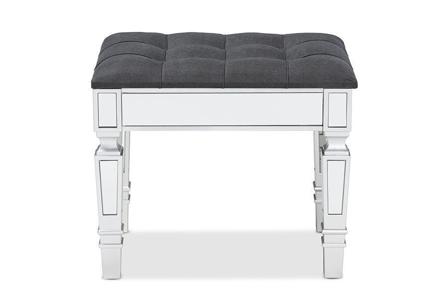 Hedia Contemporary Glam and Luxe Grey Fabric Upholstered and Silver Finished Wood Ottoman FredCo