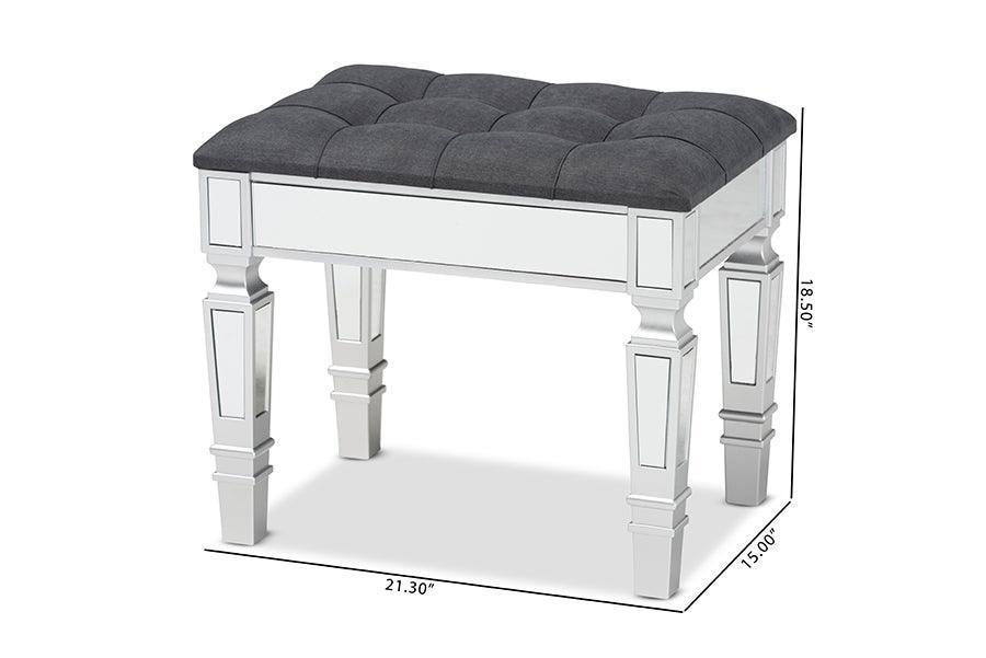 Hedia Contemporary Glam and Luxe Grey Fabric Upholstered and Silver Finished Wood Ottoman FredCo