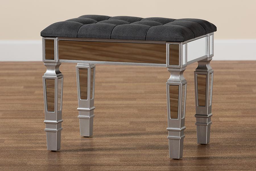Hedia Contemporary Glam and Luxe Grey Fabric Upholstered and Silver Finished Wood Ottoman FredCo
