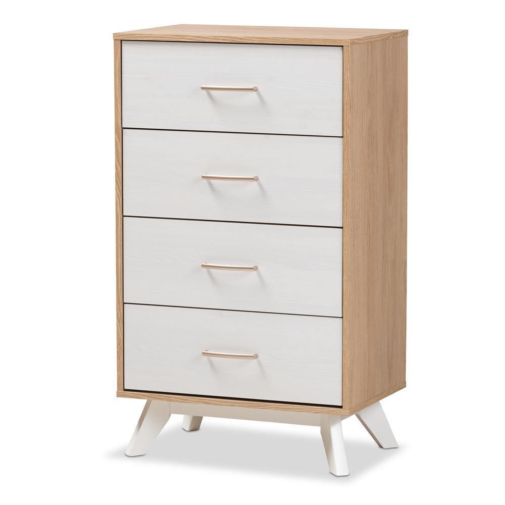 Helena Mid-Century Modern Natural Oak and Whitewashed Finished Wood 4-Drawer Chest FredCo