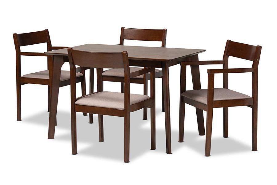 Helene Mid-Century Modern Warm Grey Fabric and Dark Brown Finished Wood 5-Piece Dining Set FredCo