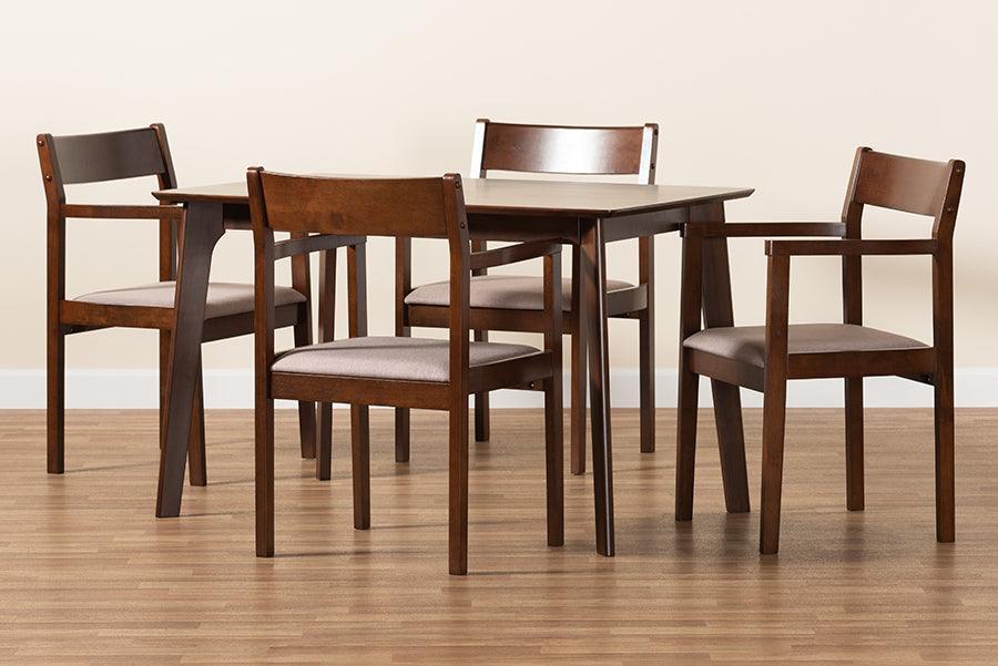 Helene Mid-Century Modern Warm Grey Fabric and Dark Brown Finished Wood 5-Piece Dining Set FredCo