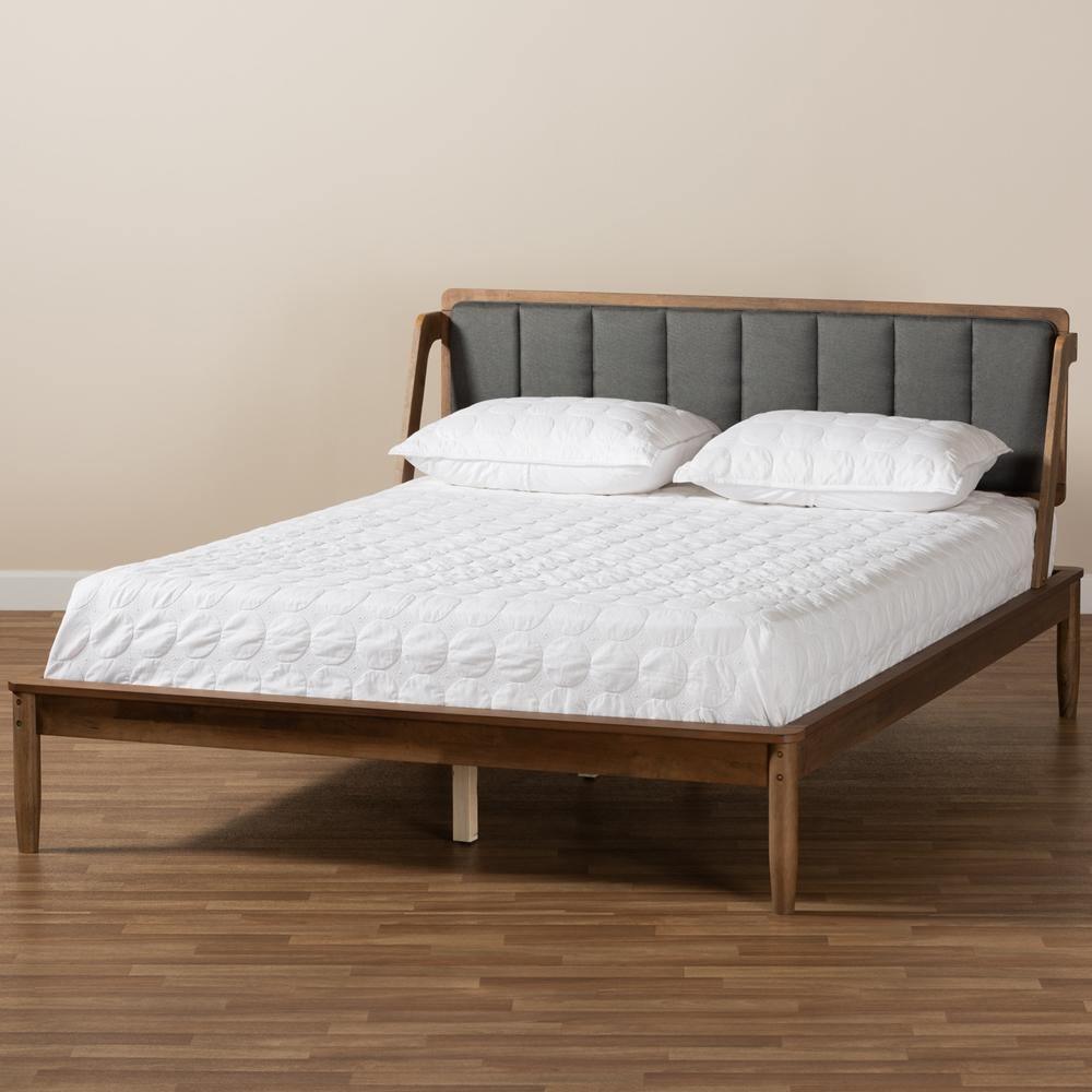 Helsa Mid-Century Modern Dark Grey Fabric Upholstered and Walnut Finished Full Size Platform Bed FredCo
