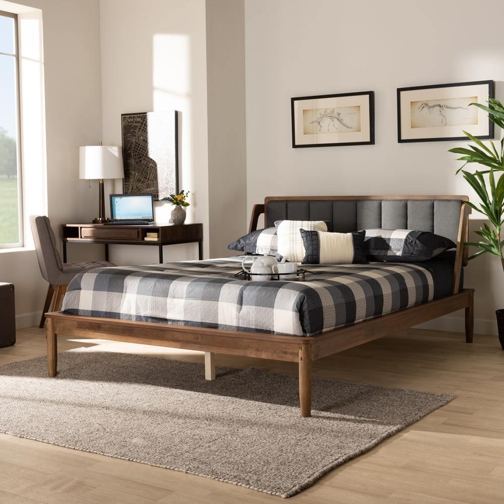 Helsa Mid-Century Modern Dark Grey Fabric Upholstered and Walnut Finished Queen Size Platform Bed FredCo