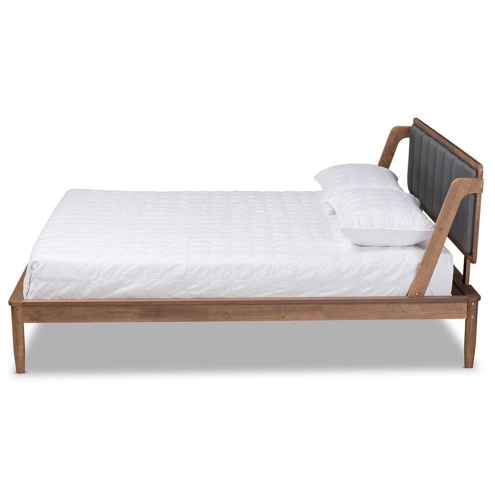 Helsa Mid-Century Modern Dark Grey Fabric Upholstered and Walnut Finished Queen Size Platform Bed FredCo