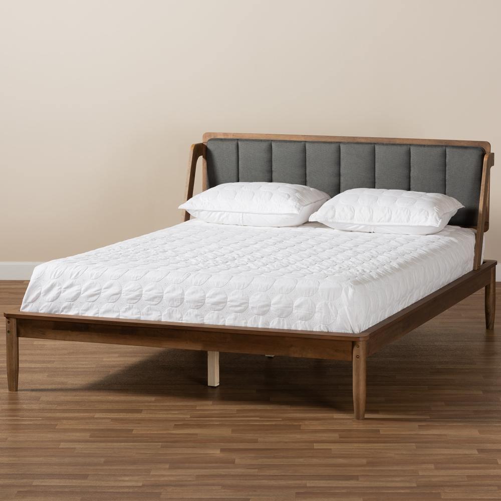 Helsa Mid-Century Modern Dark Grey Fabric Upholstered and Walnut Finished Queen Size Platform Bed FredCo