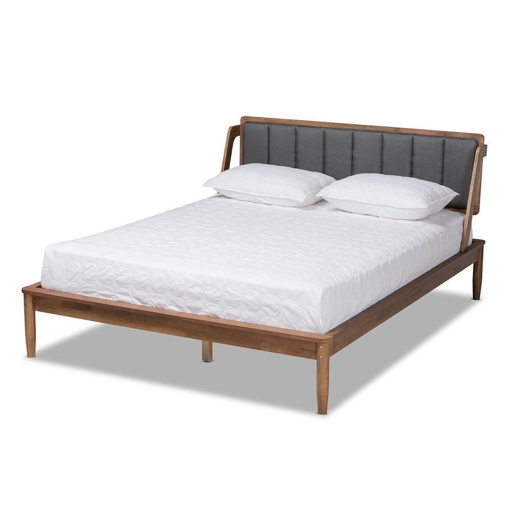 Helsa Mid-Century Modern Dark Grey Fabric Upholstered and Walnut Finished Queen Size Platform Bed FredCo