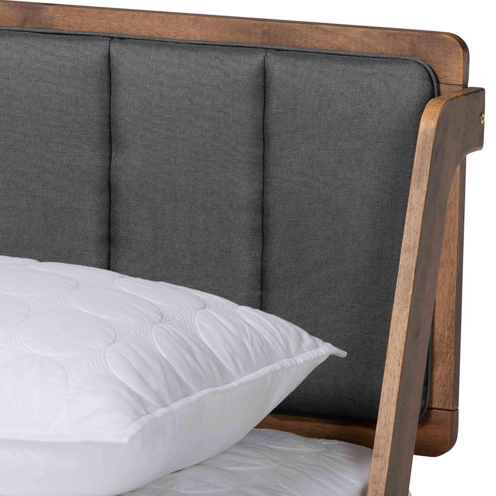 Helsa Mid-Century Modern Dark Grey Fabric Upholstered and Walnut Finished Queen Size Platform Bed FredCo