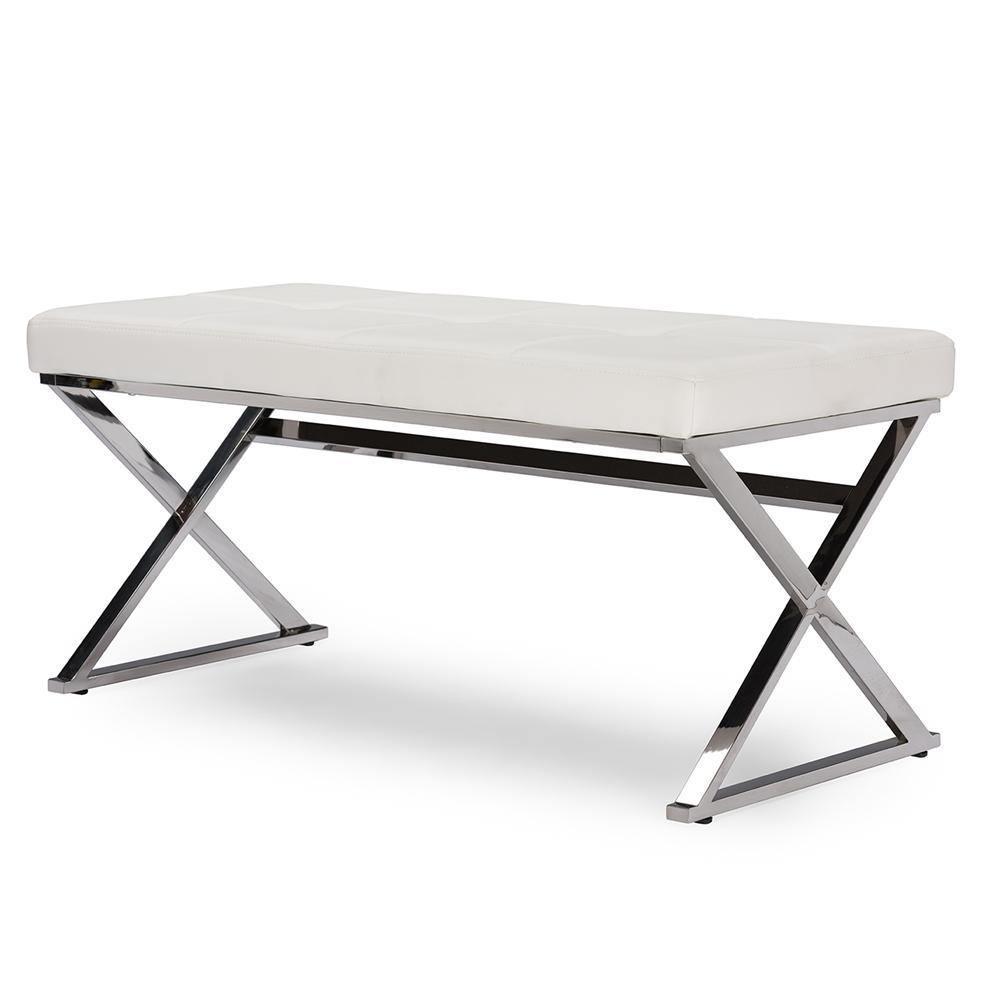 Herald Modern and Contemporary Stainless Steel and White Faux Leather Upholstered Rectangle Bench FredCo