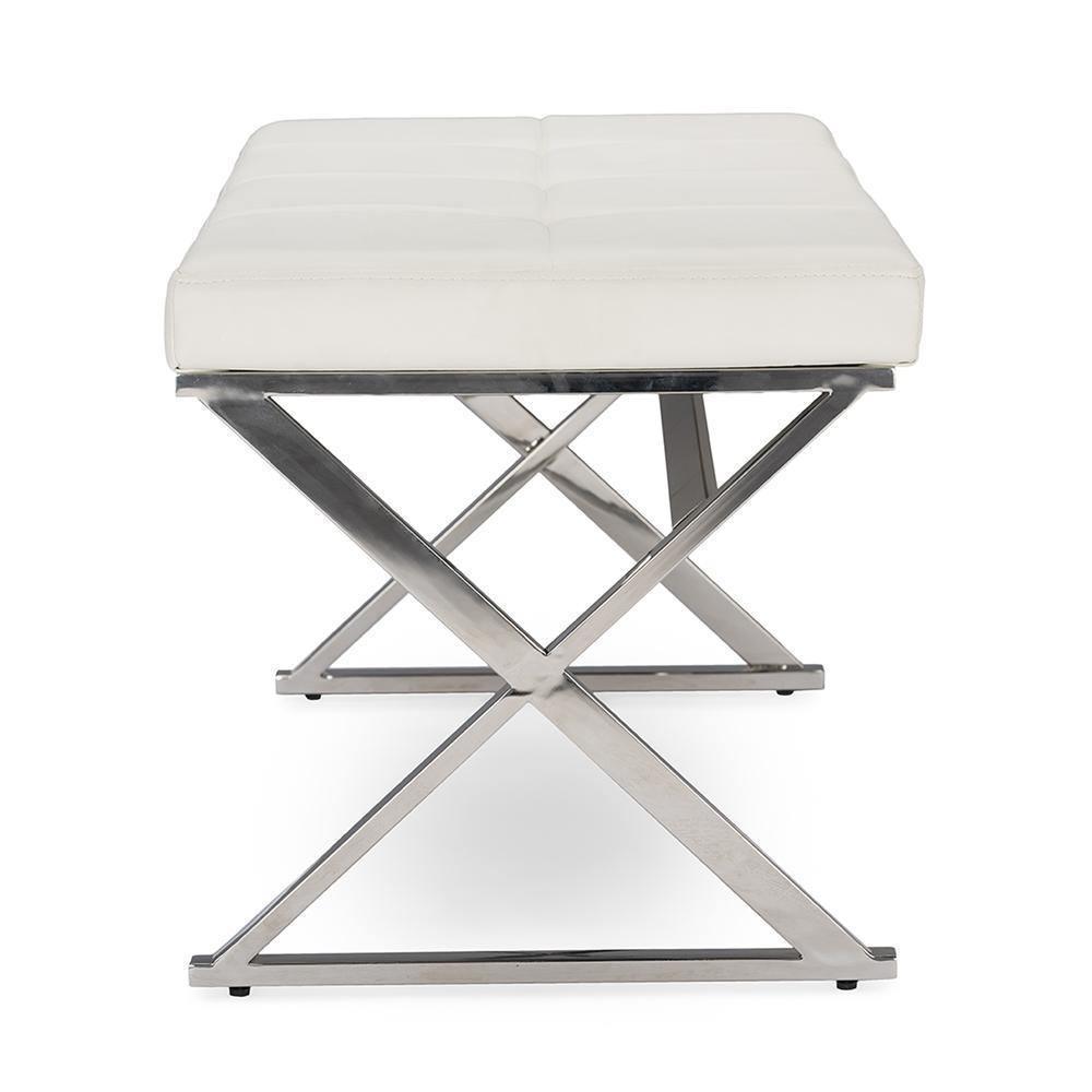 Herald Modern and Contemporary Stainless Steel and White Faux Leather Upholstered Rectangle Bench FredCo