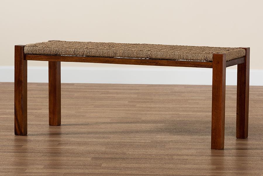 Hermes Mid-Century Modern Transitional Natural Seagrass and Mahogany Wood Bench FredCo