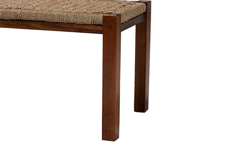 Hermes Mid-Century Modern Transitional Natural Seagrass and Mahogany Wood Bench FredCo