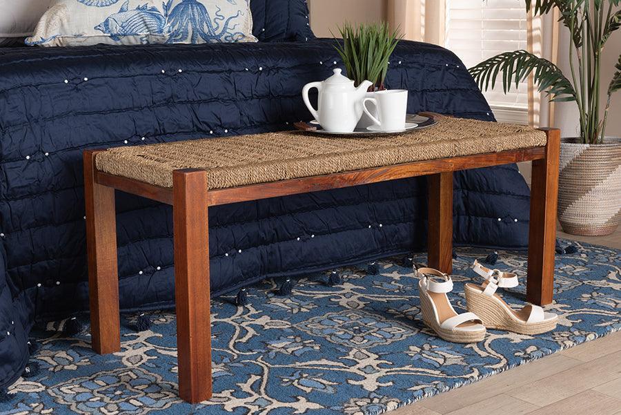 Hermes Mid-Century Modern Transitional Natural Seagrass and Mahogany Wood Bench FredCo