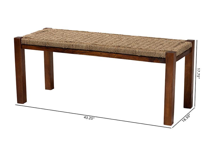 Hermes Mid-Century Modern Transitional Natural Seagrass and Mahogany Wood Bench FredCo