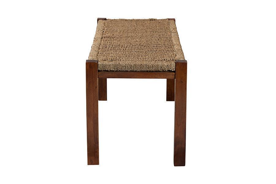 Hermes Mid-Century Modern Transitional Natural Seagrass and Mahogany Wood Bench FredCo