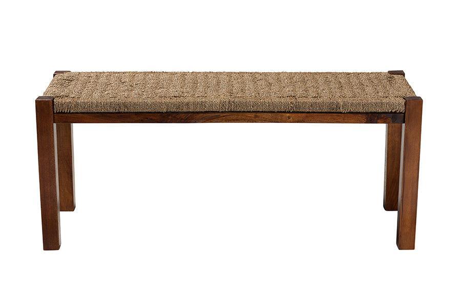 Hermes Mid-Century Modern Transitional Natural Seagrass and Mahogany Wood Bench FredCo
