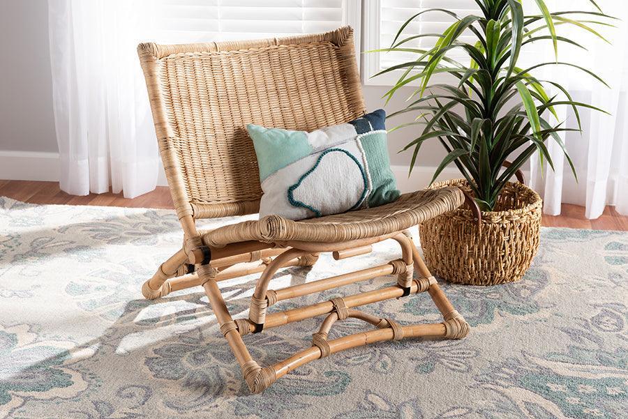 Herrara Modern Bohemian Natural Brown Antique Rattan Foldable Lounge Chair FredCo