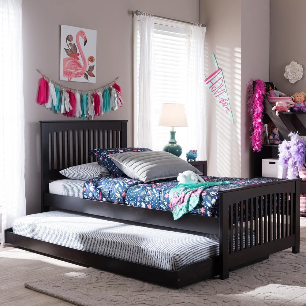 Hevea Twin Size Dark Brown Solid Wood Platform Bed with Guest Trundle Bed FredCo