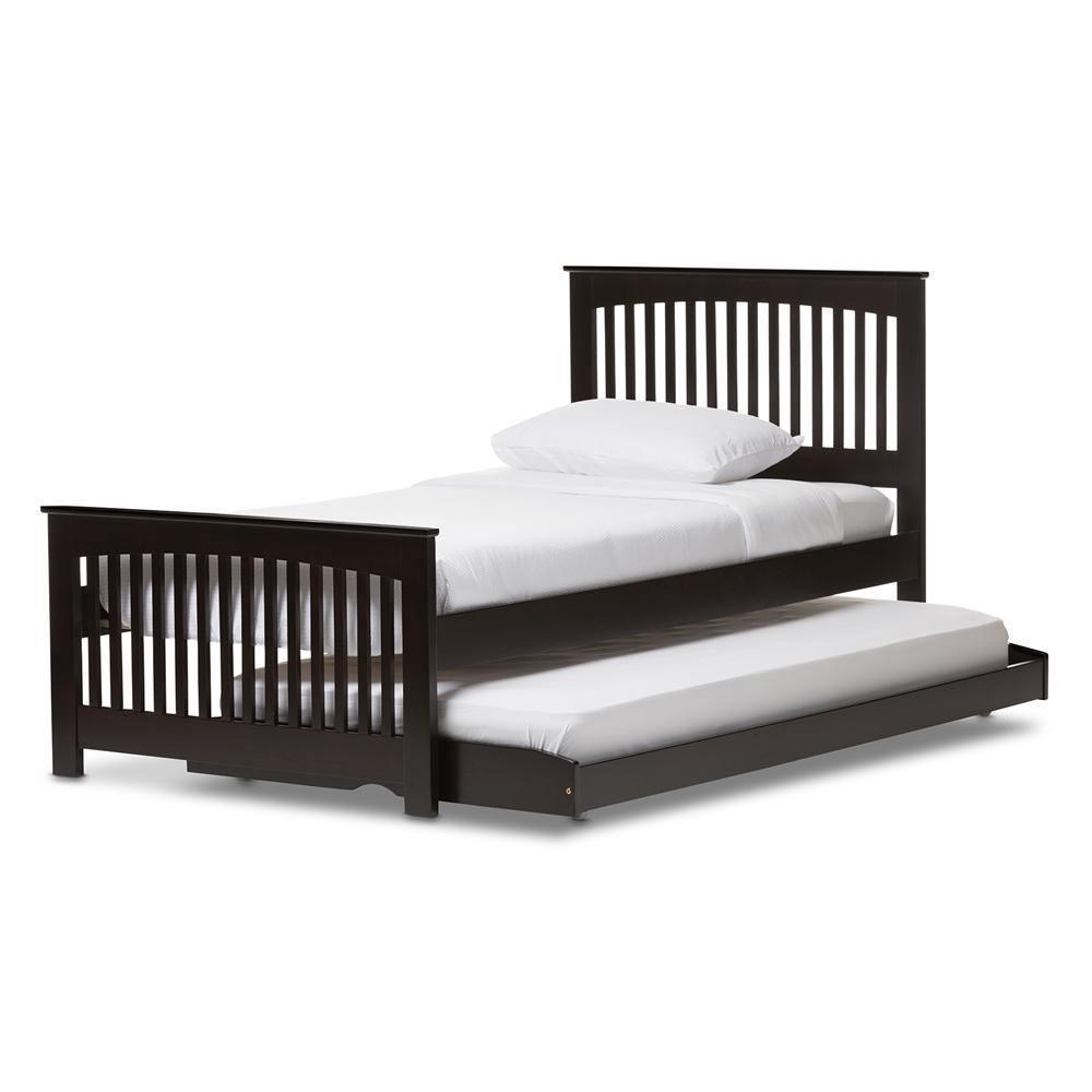 Hevea Twin Size Dark Brown Solid Wood Platform Bed with Guest Trundle Bed FredCo