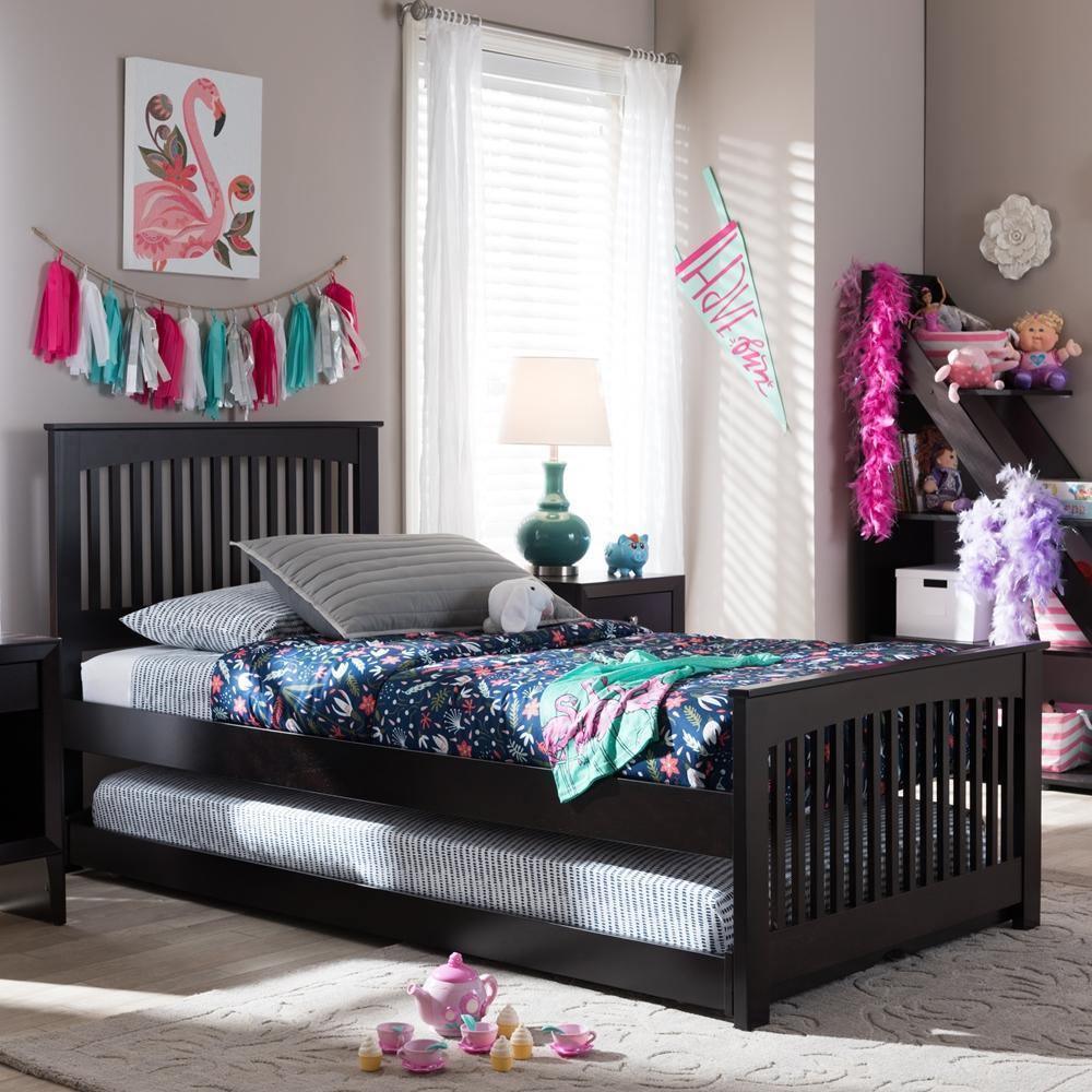 Hevea Twin Size Dark Brown Solid Wood Platform Bed with Guest Trundle Bed FredCo