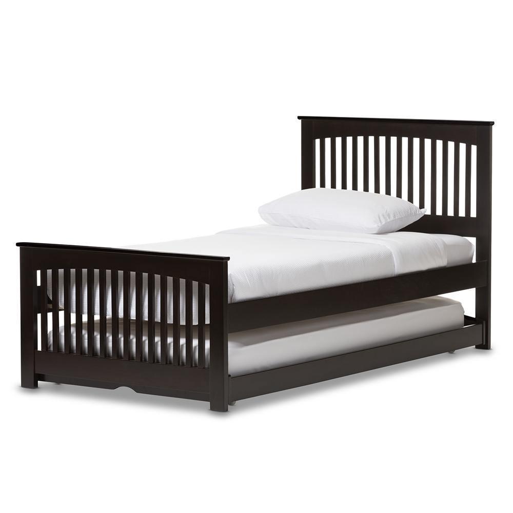 Hevea Twin Size Dark Brown Solid Wood Platform Bed with Guest Trundle Bed FredCo