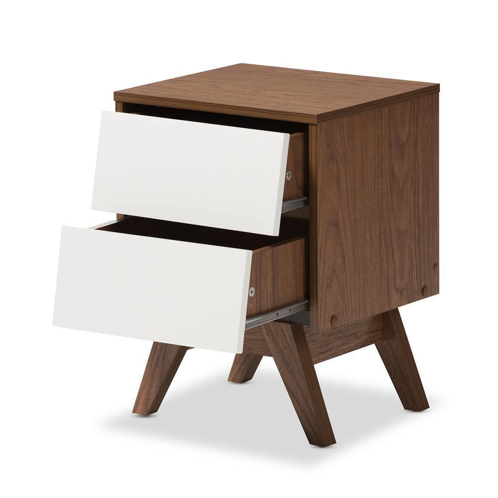 Hildon Mid-Century Modern White and Walnut Wood 2-Drawer Storage Nightstand FredCo