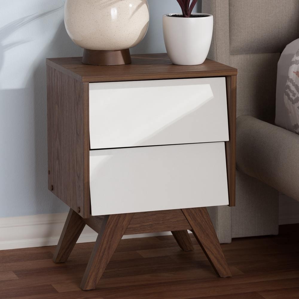 Hildon Mid-Century Modern White and Walnut Wood 2-Drawer Storage Nightstand FredCo