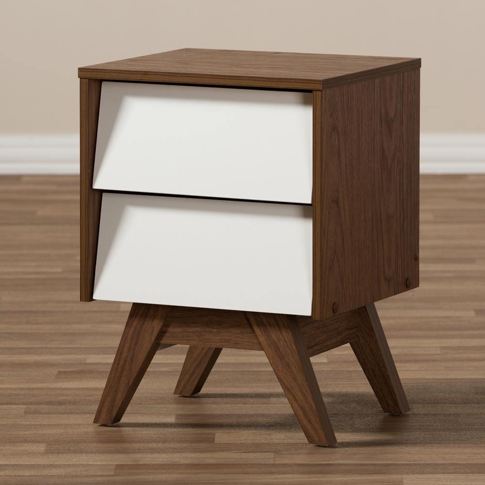 Hildon Mid-Century Modern White and Walnut Wood 2-Drawer Storage Nightstand FredCo