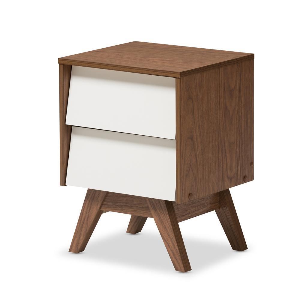 Hildon Mid-Century Modern White and Walnut Wood 2-Drawer Storage Nightstand FredCo