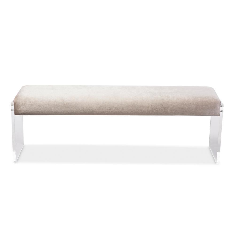 Hildon Modern and Contemporary Beige Microsuede Fabric Upholstered Lux Bench with Paneled Acrylic Legs FredCo