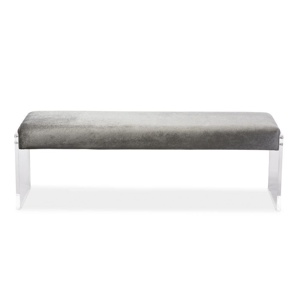 Hildon Modern and Contemporary Grey Microsuede Fabric Upholstered Lux Bench with Paneled Acrylic Legs FredCo