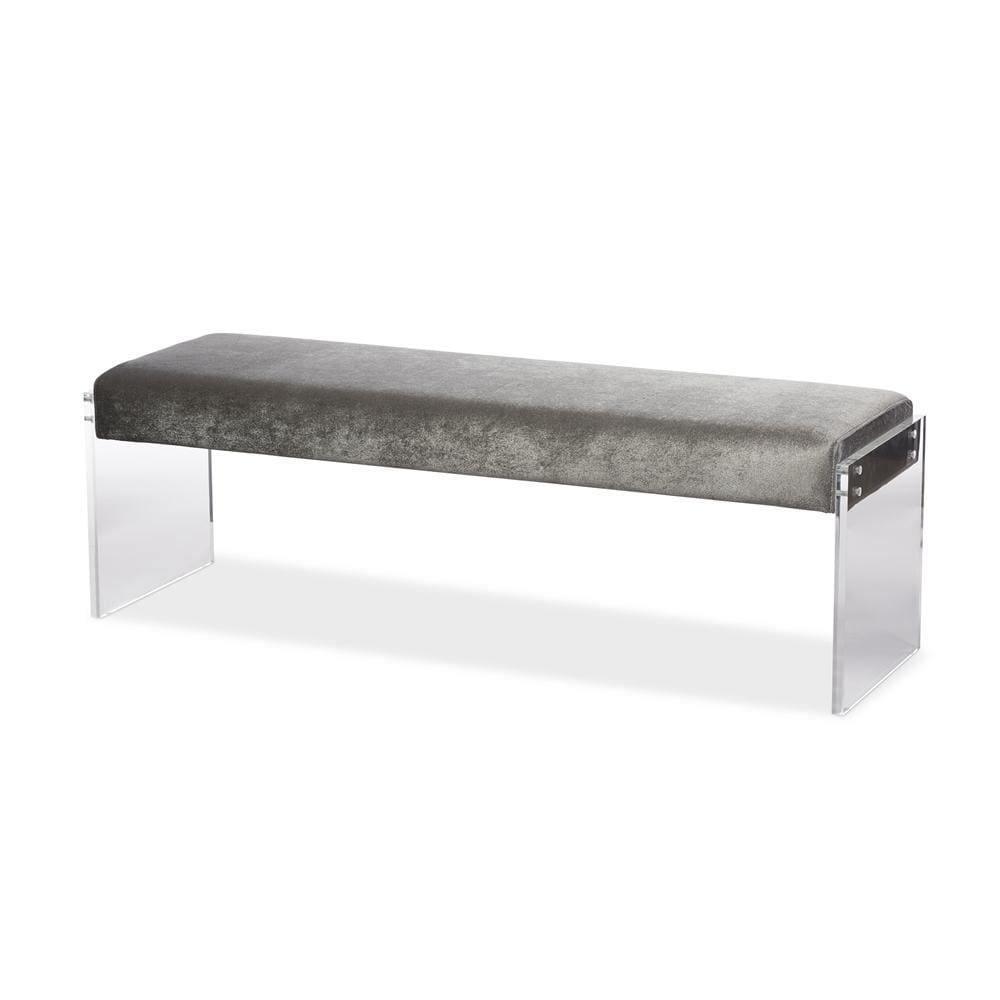 Hildon Modern and Contemporary Grey Microsuede Fabric Upholstered Lux Bench with Paneled Acrylic Legs FredCo