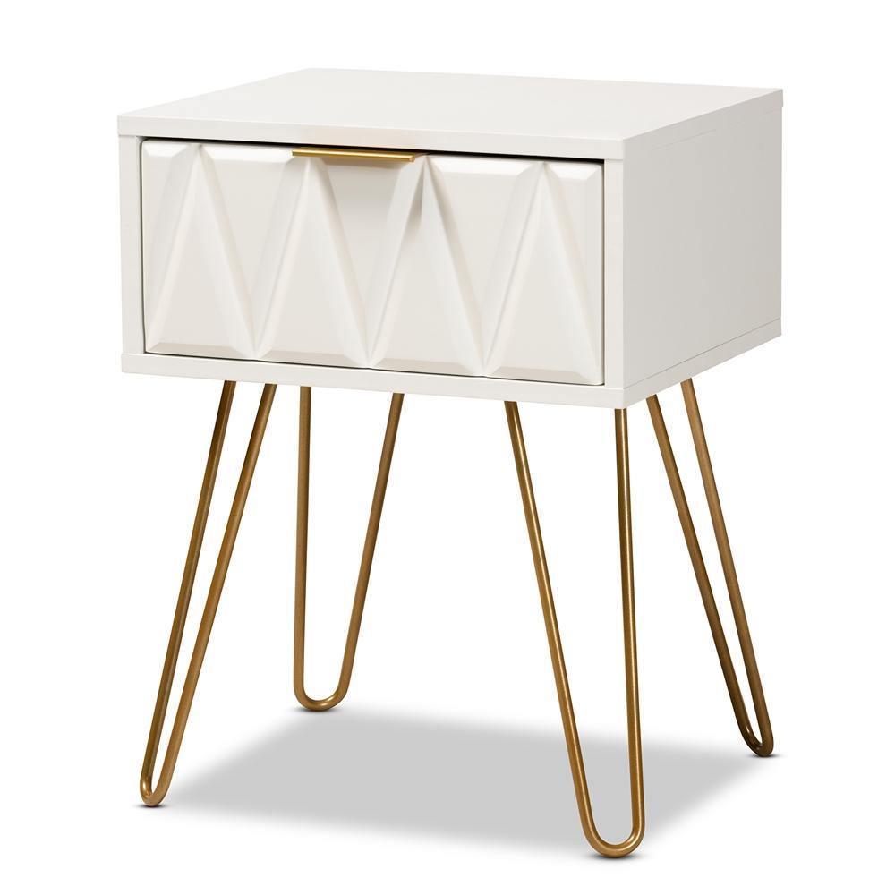 Holbrook Contemporary Glam and Luxe White Finished Wood and Gold Metal 1-Drawer End Table FredCo