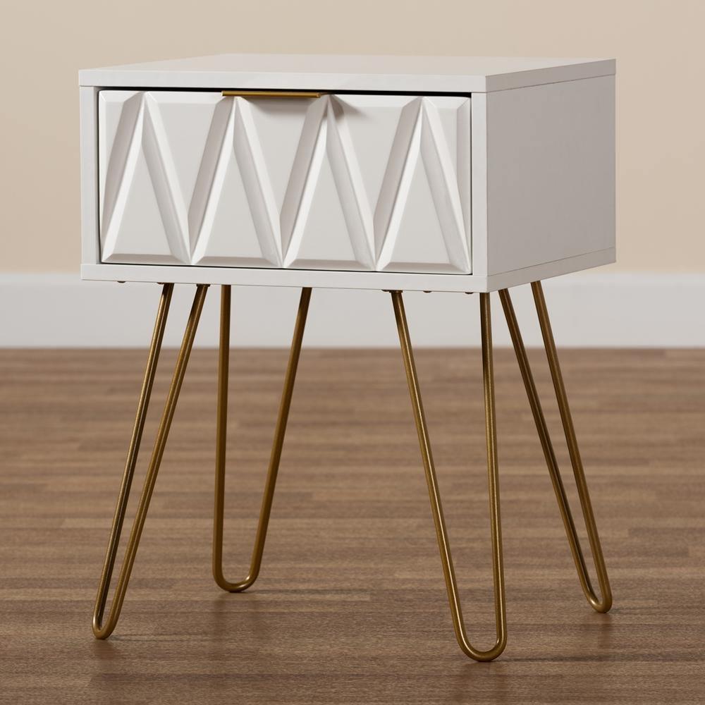 Holbrook Contemporary Glam and Luxe White Finished Wood and Gold Metal 1-Drawer End Table FredCo
