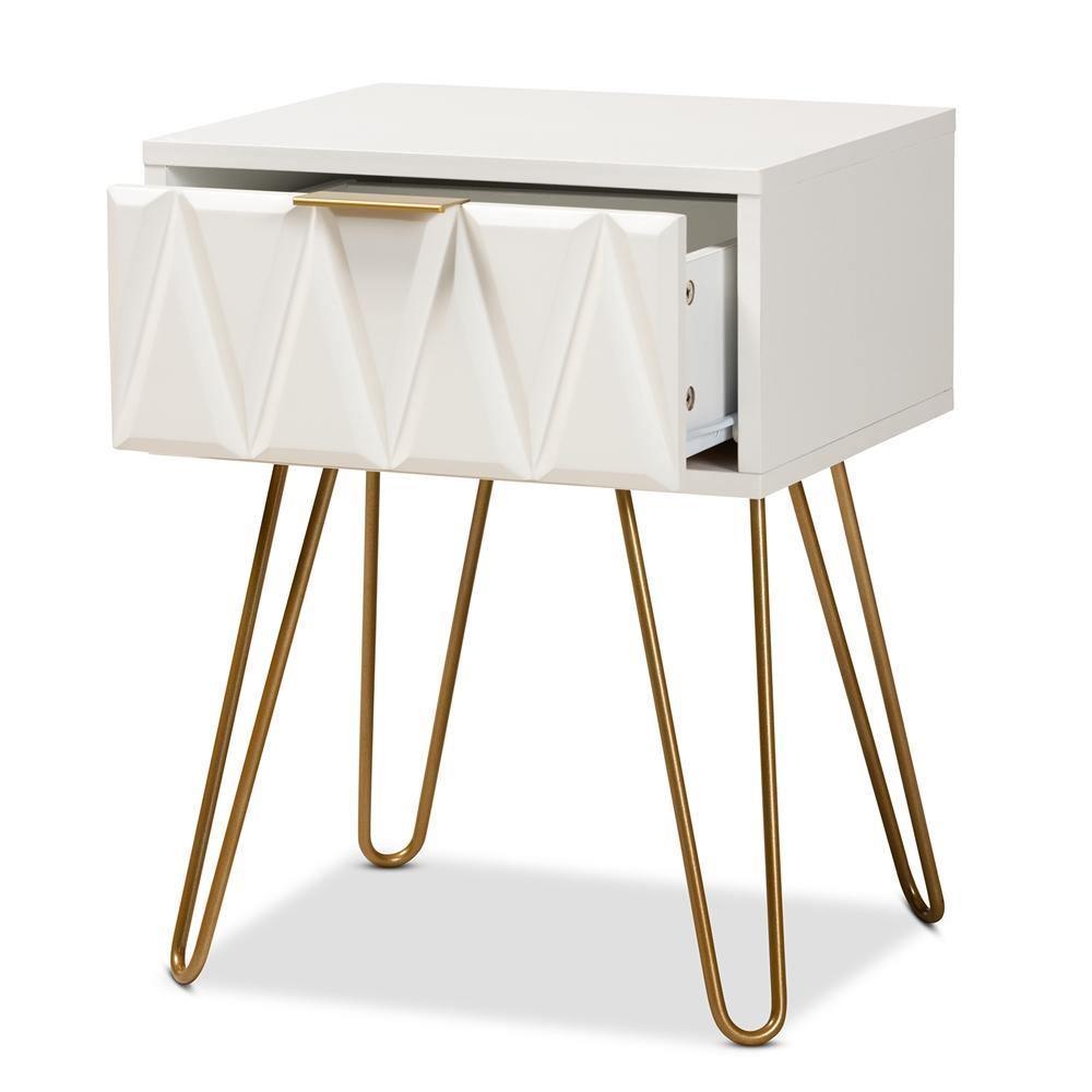 Holbrook Contemporary Glam and Luxe White Finished Wood and Gold Metal 1-Drawer End Table FredCo