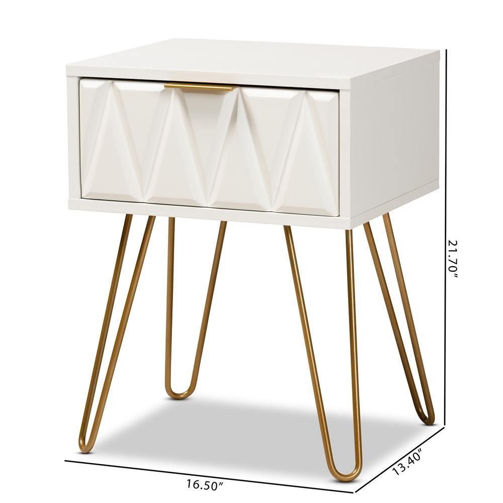 Holbrook Contemporary Glam and Luxe White Finished Wood and Gold Metal 1-Drawer End Table FredCo