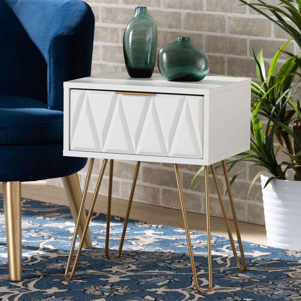 Holbrook Contemporary Glam and Luxe White Finished Wood and Gold Metal 1-Drawer End Table FredCo