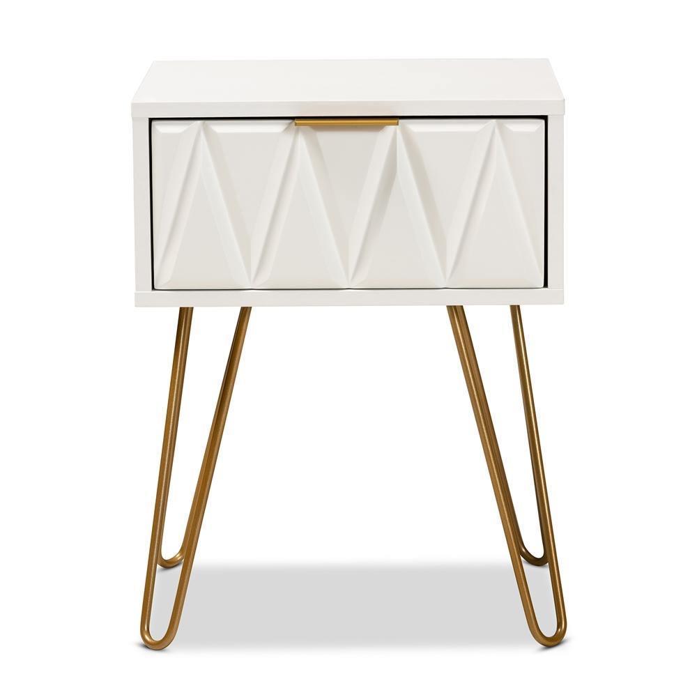 Holbrook Contemporary Glam and Luxe White Finished Wood and Gold Metal 1-Drawer End Table FredCo